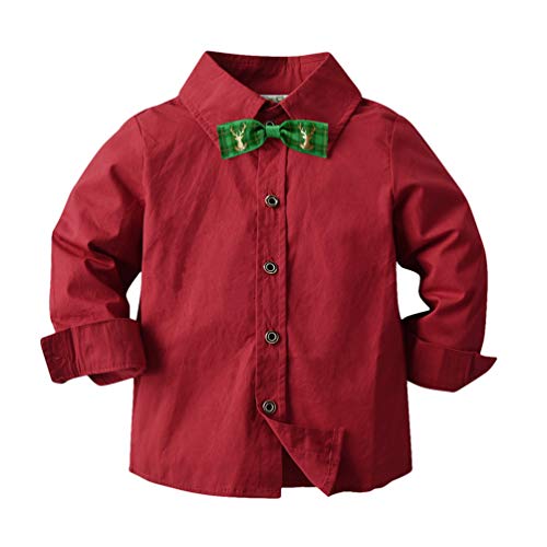 Ketamyy Kinder Jungen Langarm Button-down Weihnachts Hemd mit Fliege, Revers Einfarbig Baumwolle Tops, Casual Gentleman Shirts für Taufe Geburtstag Party Rot+Weihnachtsfliege 100CM von Ketamyy