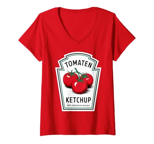 Damen Ketchup Kostüm Tomatenketchup Kostüm Erwachsene Fasching T-Shirt mit V-Ausschnitt Damen Ketchup Kostüm Tomatenketchup Kostüm Erwachsene Fasching T-Shirt mit V-Ausschnitt von Ketchup Kostüm Tomatenketchup Kostüm Karneval
