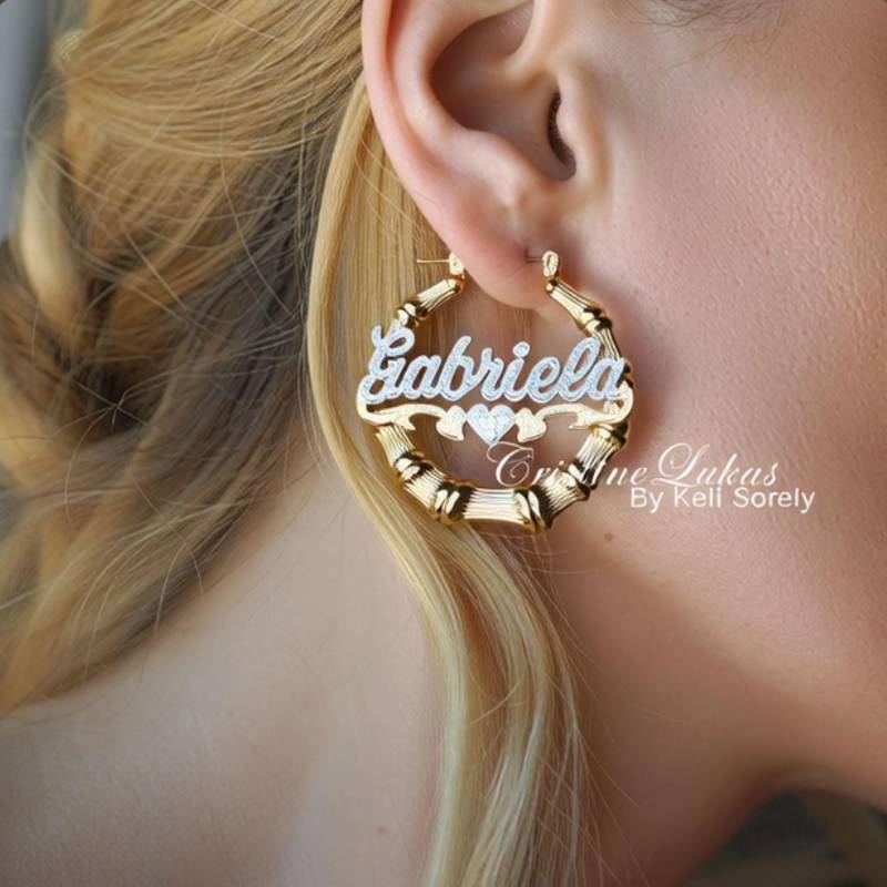 Personalisierte Diamant Perlen Namen Ohrringe, Bambus Creolen Mit Herz | Bestellen Sie Einen Beliebigen Namen, Kinder Oder Erwachsene Größe von KetiSorelyDesigns