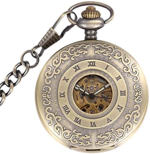 Vintage-Taschenuhr, Taschenuhr mit Kette for Männer und Frauen, klassisch Geschnitzte römische Hohle automatische mechanische Taschenuhr, Flip-Retro-Geschenk-Taschenuhr for Männer und Frauen von KeuLen