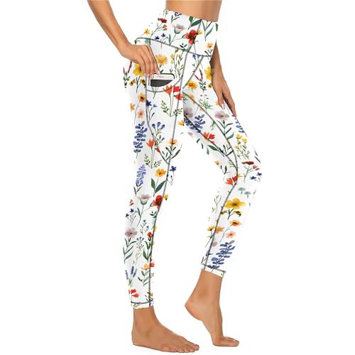 KevaMolly Damen Workout-Leggings mit Taschen – Dicke, hohe Taille, 4-Wege-Stretch, Lauf-Yogahose, Gelb mit Blumenmuster, Groß von KevaMolly