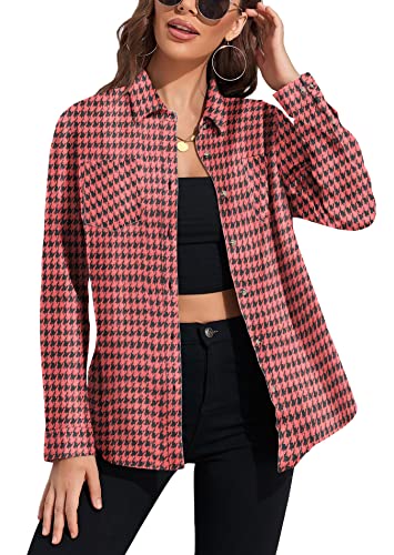 KevaMolly Plaid Langarm Flanell Shirts für Frauen Loose Fit Boyfriend Button Down Shirt Casual Flanell Bluse Tops, Z7 Rot Schwarz, Mittel von KevaMolly