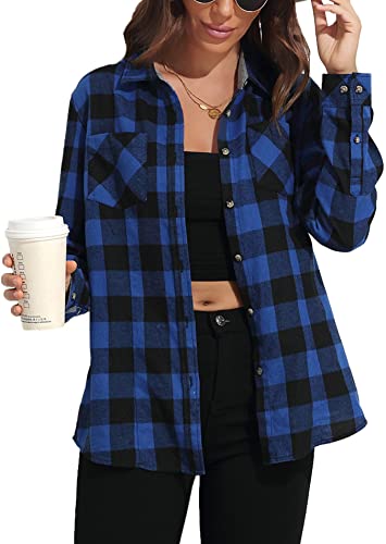 KevaMolly Plaid Langarm Flanell Shirts für Frauen Loose Fit Boyfriend Button Down Shirt Casual Flanell Bluse Tops, blau/schwarz, XX-Large von KevaMolly