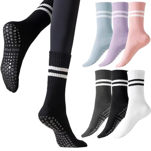 6 Paar Anti-Rutsch-Socken für Damen Streifensocken Yoga Socken Rutschsocken Streifen Baumwolle Stoppersocken Antirutsch Sportsocken für Sport Pilates Gymnastik Krankenhaus Schwangere, EU 35-40 von Kevaler