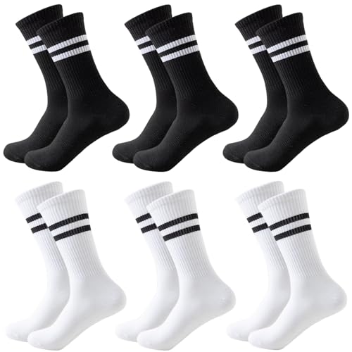 Damen Sportsocken Baumwolle Tennissocken Hohe Knöchelsocken Crew Socken Laufsocken Socken bis zur Wadenmitte Streifenmuster für Den Alltag Freizeit Schule Tennis Fitnessstudio Laufen (EU35–40) 6 Paar von Kevaler
