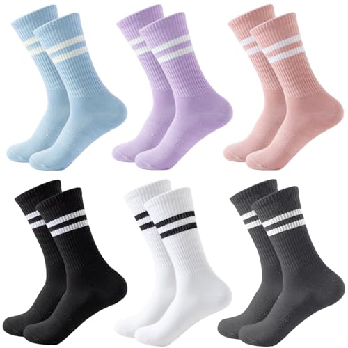 Damen Sportsocken Baumwolle Tennissocken Hohe Knöchelsocken Crew Socken Laufsocken Socken bis zur Wadenmitte Streifenmuster für Den Alltag Freizeit Schule Tennis Fitnessstudio Laufen (EU35–40) 6 Paar von Kevaler