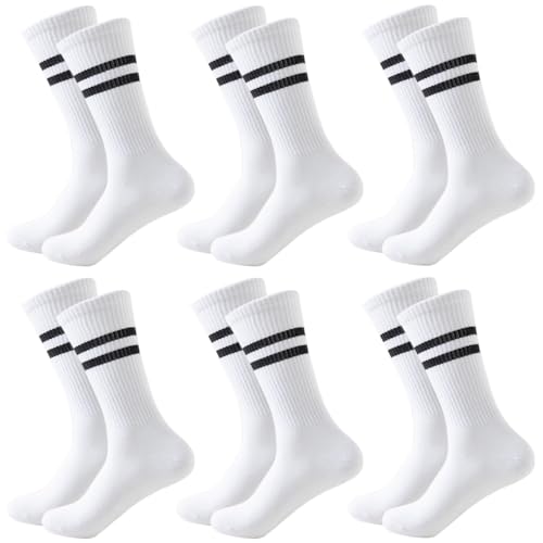 Damen Sportsocken Baumwolle Tennissocken Hohe Knöchelsocken Crew Socken Laufsocken Socken bis zur Wadenmitte Streifenmuster für Den Alltag Freizeit Schule Tennis Fitnessstudio Laufen (EU35–40) 6 Paar von Kevaler