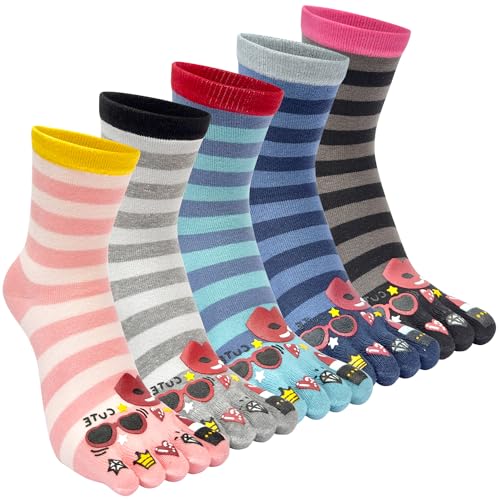 Damen Zehensocken Baumwolle Fünf Finger Socken Niedliche Tier Karikatur Muster Sneakersocken Sports Socken mit Zehen Einzeln Größe: 35–40/5 Paare von Kevaler