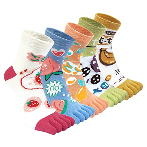 Kevaler 5 Paare Damen Zehensocken Baumwolle Fünf Finger Socken Niedliche Bunt Muster Sneakersocken Socken mit Zehen Einzeln von Kevaler