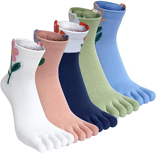 Kevaler 5 Paare Damen Zehensocken Baumwolle Fünf Finger Socken Niedliche Bunt Muster Sneakersocken Socken mit Zehen Einzeln von Kevaler