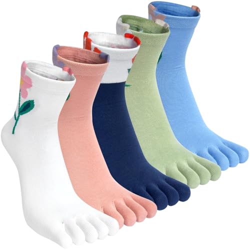 Kevaler Zehensocken Damen Baumwolle Fünf Finger Socken 5 Finger Socken Niedliche Neuartiger Tiere Muster Sneakersocken Mehrfarbig für Sport Laufende - 5 Paare von Kevaler