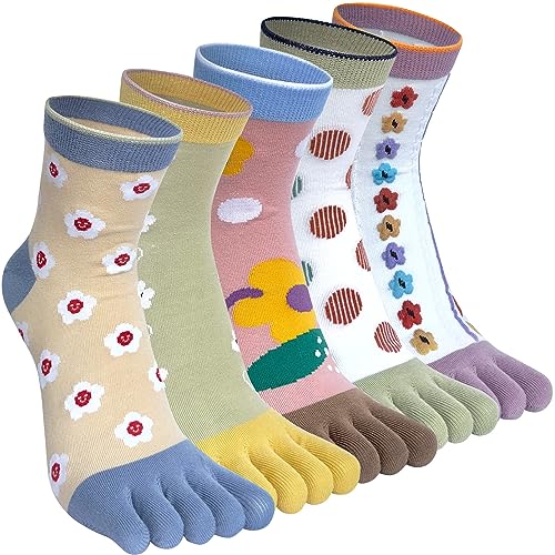 Kevaler Zehensocken Damen Baumwolle Fünf Finger Socken 5 Finger Socken Niedliche Neuartiger Tiere Muster Sneakersocken Mehrfarbig für Sport Laufende - 5 Paare von Kevaler