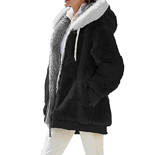 Kevaler Damen Teddy Fleecejacke Herbst Kapuzenjacke Einfarbiges Übergangsjacke Warme Plüschjacke Flauschjacke S-5XL mit Taschen von Kevaler