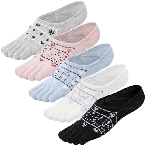 Kevaler Damen Unsichtbare Sneaker Socken No Show Rutschfeste Socken Zehensocken Fünf Finger Kurze Knöchelsocken Streifen Sneakersocken Sportsocken mit Siliconpad Größe: 35-40/5 Paare von Kevaler