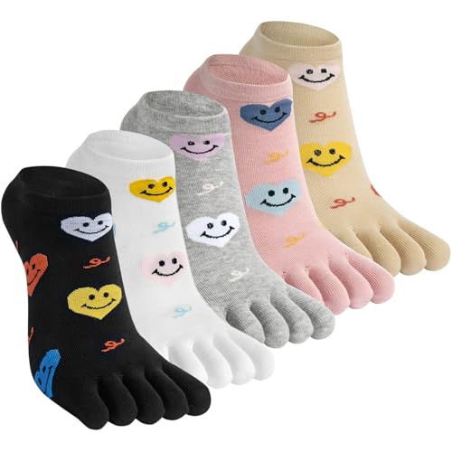 Kevaler Damen Zehensocken 5 Paare Baumwolle Fünf Finger Socken Niedliche Bunt Muster Sneakersocken Socken mit Zehen Einzeln, Größe: 35–40 von Kevaler