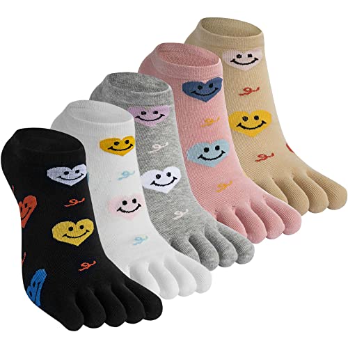 Kevaler Damen Zehensocken 5 Paare Baumwolle Fünf Finger Socken Niedliche Bunt Muster Sneakersocken Socken mit Zehen Einzeln, Größe: 35–42 von Kevaler