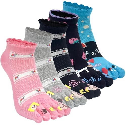 Kevaler Damen Zehensocken 5 Paare Baumwolle Fünf Finger Socken Niedliche Bunt Muster Sneakersocken Socken mit Zehen Einzeln, Größe: 35–42 von Kevaler