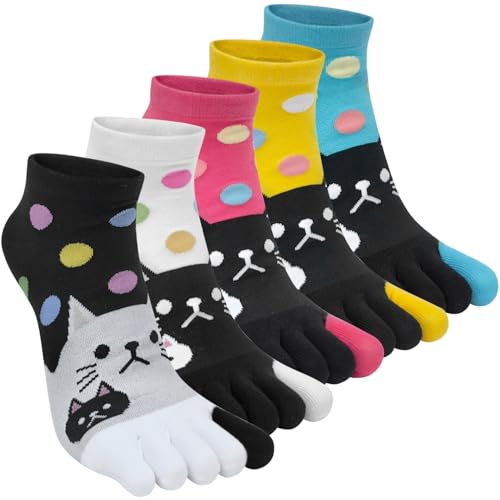 Kevaler Damen Zehensocken Baumwolle Fünf Finger Socken Kurze Socken Knöchelsocken Niedliche Bunt Tier Obst Muster Sneakersocken Socken Neuheit Sportsocken mit Zehen Einzeln Größe: 35-40/5 Paare von Kevaler
