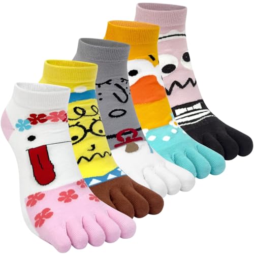 Kevaler Damen Zehensocken Baumwolle Fünf Finger Socken Kurze Socken Knöchelsocken Niedliche Bunt Tier Obst Muster Sneakersocken Socken Neuheit Sportsocken mit Zehen Einzeln Größe: 35-40/5 Paare von Kevaler