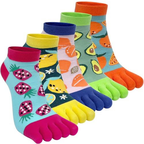 Kevaler Damen Zehensocken Baumwolle Fünf Finger Socken Kurze Socken Knöchelsocken Niedliche Bunt Tier Obst Muster Sneakersocken Socken Neuheit Sportsocken mit Zehen Einzeln Größe: 35-40/5 Paare von Kevaler