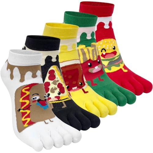 Kevaler Damen Zehensocken Baumwolle Fünf Finger Socken Kurze Socken Knöchelsocken Niedliche Bunt Tier Obst Muster Sneakersocken Socken Neuheit Sportsocken mit Zehen Einzeln Größe: 35-40/5 Paare von Kevaler
