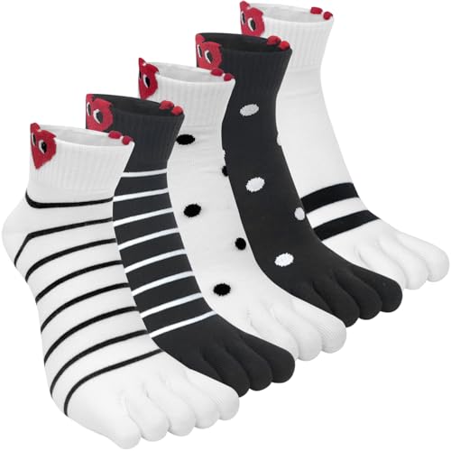 Kevaler Damen Zehensocken Baumwolle Fünf Finger Socken Kurze Socken Knöchelsocken Niedliche Bunt Tier Obst Muster Sneakersocken Socken Neuheit Sportsocken mit Zehen Einzeln Größe: 35-40/5 Paare von Kevaler