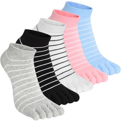 Kevaler Damen Zehensocken Baumwolle Fünf Finger Socken Kurze Socken Knöchelsocken Niedliche Bunt Tier Streifen Muster Sneakersocken Socken Neuheit Sportsocken mit Zehen Einzeln Größe: 35-40/5 Paare von Kevaler