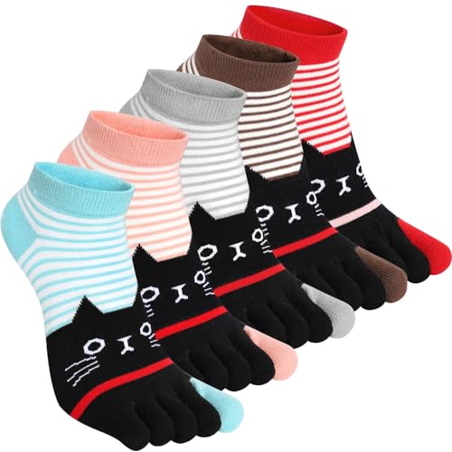 Kevaler Damen Zehensocken Baumwolle Fünf Finger Socken Kurze Socken Knöchelsocken Niedliche Bunt Tier Streifen Muster Sneakersocken Socken Neuheit Sportsocken mit Zehen Einzeln Größe: 35-40/5 Paare von Kevaler