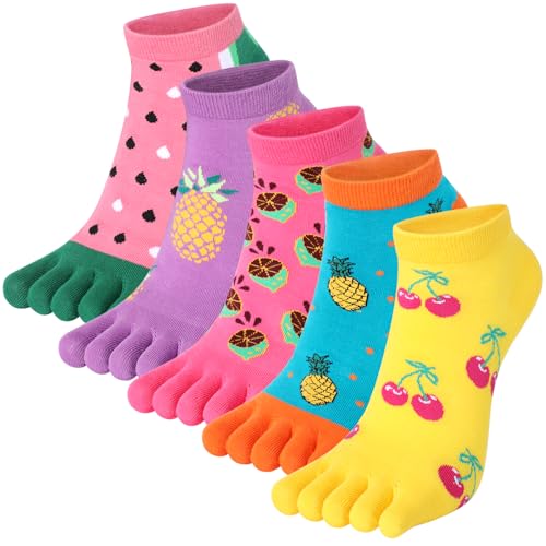 Kevaler Damen Zehensocken Lustige Fünf Finger Socken Kurze Socken Knöchelsocken Niedliche Bunt Food Obst Muster Sneakersocken Socken Neuheit Sportsocken mit Zehen Einzeln Größe: 35-40/5 Paare von Kevaler