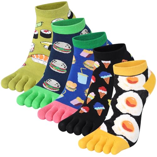 Kevaler Damen Zehensocken Lustige Fünf Finger Socken Kurze Socken Knöchelsocken Niedliche Bunt Food Obst Muster Sneakersocken Socken Neuheit Sportsocken mit Zehen Einzeln Größe: 35-40/5 Paare von Kevaler