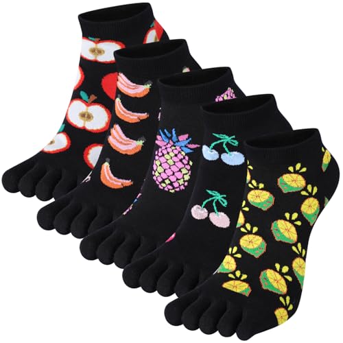Kevaler Damen Zehensocken Lustige Fünf Finger Socken Kurze Socken Knöchelsocken Niedliche Bunt Food Obst Muster Sneakersocken Socken Neuheit Sportsocken mit Zehen Einzeln Größe: 35-40/5 Paare von Kevaler