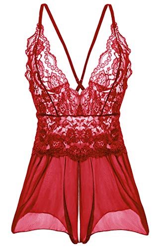 Keven Damen Spitze Negligee V-Ausschnitt Rückenfrei Dessous Set Reizwäsche Nachtwäsche (Rot, M) von Keven