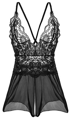 Keven Damen Spitze Negligee V-Ausschnitt Rückenfrei Dessous Set Reizwäsche Nachtwäsche (Schwarz, 3XL) von Keven