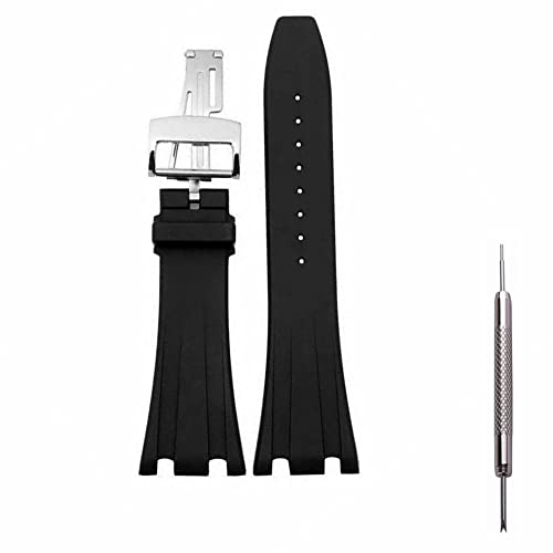 Kevisae Schwarzes Gummi-Silikon-Uhrenarmband, kompatibel mit Audemars Piguet Royal Oak Offshore 15703 15710–28 mm AP Gummi-Uhrenarmband (silberne Schnalle) von Kevisae