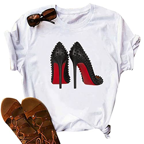 Damen High Heels Print Tees Basic T-Shirt Lustiges T-Shirt mit Print Mode Rundhals Kurzarm Sommer Casual Baumwolle T Shirts von kewing