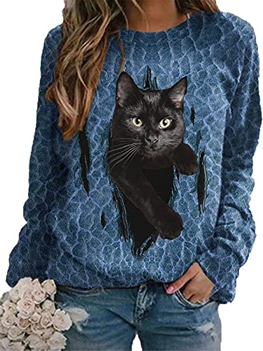 Damen süße 3D Katze Bedruckte Vintage Grafik T-Shirts Shirts Casual Langarm T-Shirts Tops von Kewing