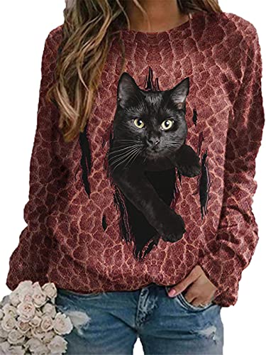 Damen süße 3D Katze Bedruckte Vintage Grafik T-Shirts Shirts Casual Langarm T-Shirts Tops von Kewing