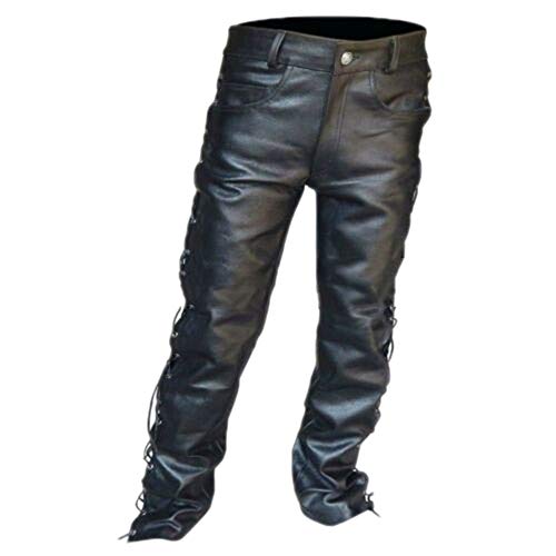 Männer `s Schnüren PU Lederhose Nachtclub Straight Leg Rock Steampunk Schwarz von Kewing