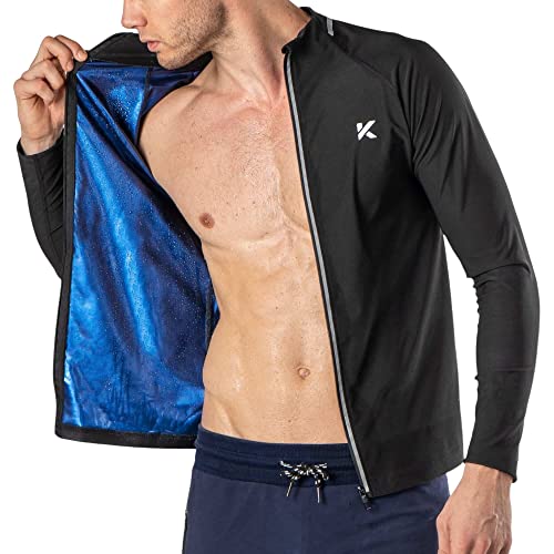 Kewlioo Pro Herren Sauna Jacke Wärmeisolierendes Schweiß-Kompressionsoberteil Reißverschluss Sauna Langarm Shirt für Fitnessstudio, Schwarz, XX-Large von Kewlioo