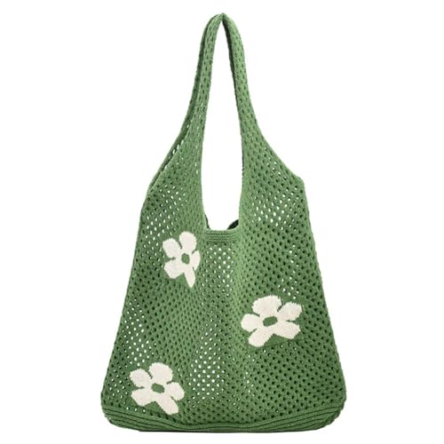 Kexpery Ästhetische Damen-Umhängetasche mit Blumenmuster, gestrickte Tragetasche, Kontrastfarbe, Strick-Einkaufshandtasche, weibliche Outdoor-Tasche (grün) von Kexpery