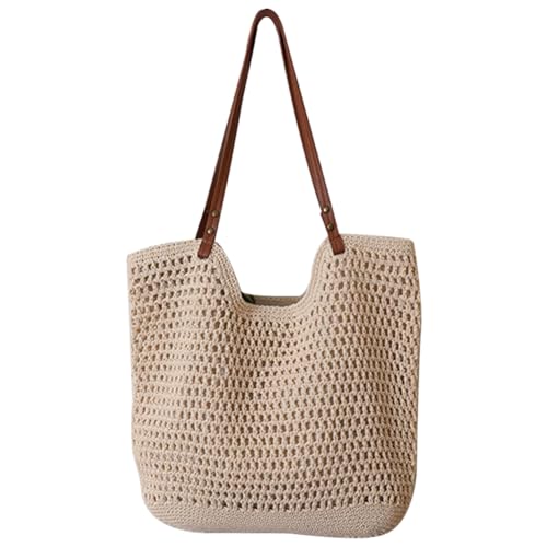 Kexpery Baumwoll-Häkel-Umhängetasche, ausgehöhlte Sommer-Strandtasche mit Reißverschluss, lässige Schultertasche mit Griff oben for Damen (Beige L) von Kexpery