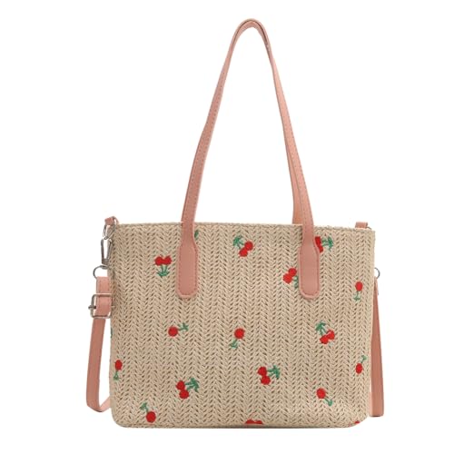 Kexpery Cherry Straw gewebte Tragetasche, trendige Pendlertasche, große Kapazität, modische Umhängetasche, verstellbarer Riemen, für Outdoor-Reisen, rose, 10.63*7.48*3.94*inch von Kexpery