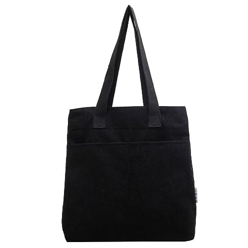 Kexpery Cord-Einkaufstasche for Damen, lässig, großes Fassungsvermögen, einfache Reisetasche, einfarbig, einfache Handtasche for Damen und Mädchen (schwarz) von Kexpery