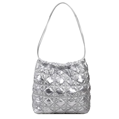 Kexpery Damen-Eimertasche mit Rautensteppung, großes Fassungsvermögen, gepolsterte Tragetasche, Kordelzug, gepolsterte Umhängetasche, Umhängetasche, Herbst-/Wintertasche (Silber) von Kexpery