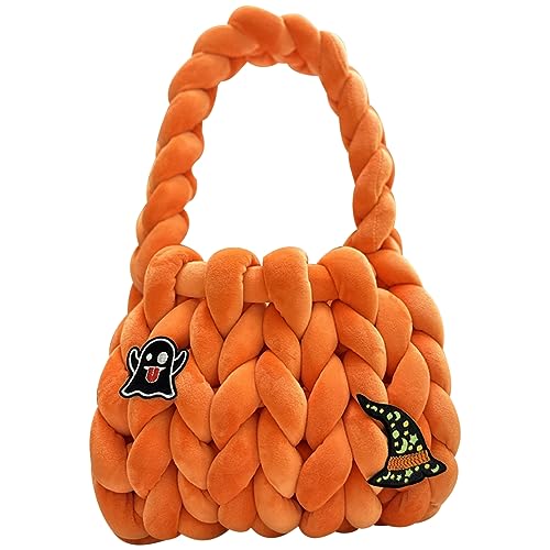 Kexpery Damen Grobstricktasche, ausgehöhlt, gedreht, gewebt, weich, mit kurzem Griff, Cartoon-Applikationen, kreative Halloween-Tasche, Orange, 220.00x180.00x130.00mm/8.66x7.09x5.12inch von Kexpery