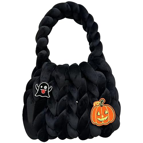 Kexpery Damen Grobstricktasche, ausgehöhlt, gedreht, gewebt, weich, mit kurzem Griff, Cartoon-Applikationen, kreative Halloween-Tasche, Schwarz , 220.00x180.00x130.00mm/8.66x7.09x5.12inch von Kexpery