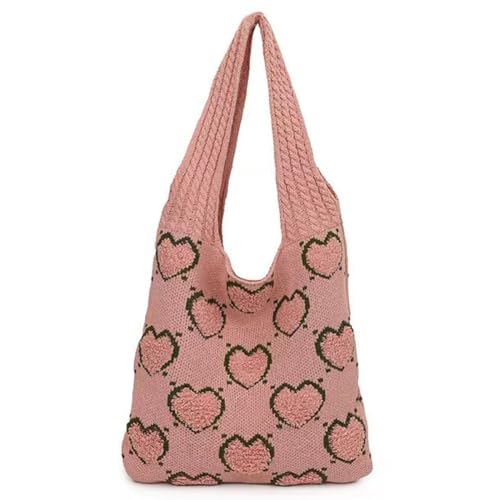 Kexpery Damen-Handtasche, ästhetisch, großes Fassungsvermögen, Herzmuster, Häkel-Einkaufstasche, vielseitige gestrickte Einkaufstasche, lässige Pendeltasche (Rosa) von Kexpery