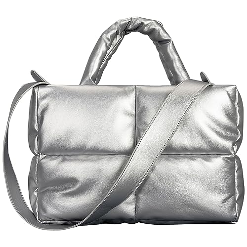 Kexpery Damen-Handtasche, gesteppt, großes Fassungsvermögen, gepolsterte Umhängetasche, einfarbig, PU-Leder, leicht, for Shopper, Reisen (Silber) von Kexpery