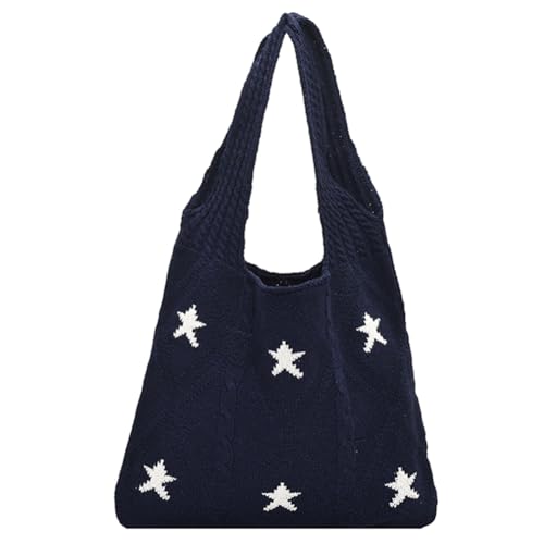 Kexpery Damen-Handtasche, gestrickt, große Kapazität, gehäkelte Einkaufstasche, Kontrastfarbe, Reise-Einkaufshandtasche, Damen-Tageshandtasche (Marineblau) von Kexpery