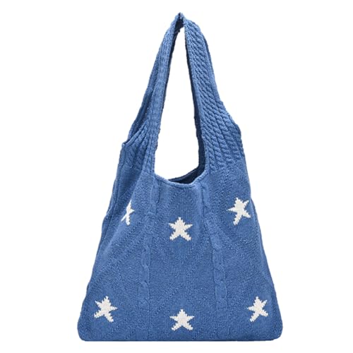 Kexpery Damen-Handtasche, gestrickt, mit Sternenmuster, Strick-Umhängetasche, großes Fassungsvermögen, Reise-Einkaufshandtasche, Damen-Tageshandtasche (Dunkelblau) von Kexpery